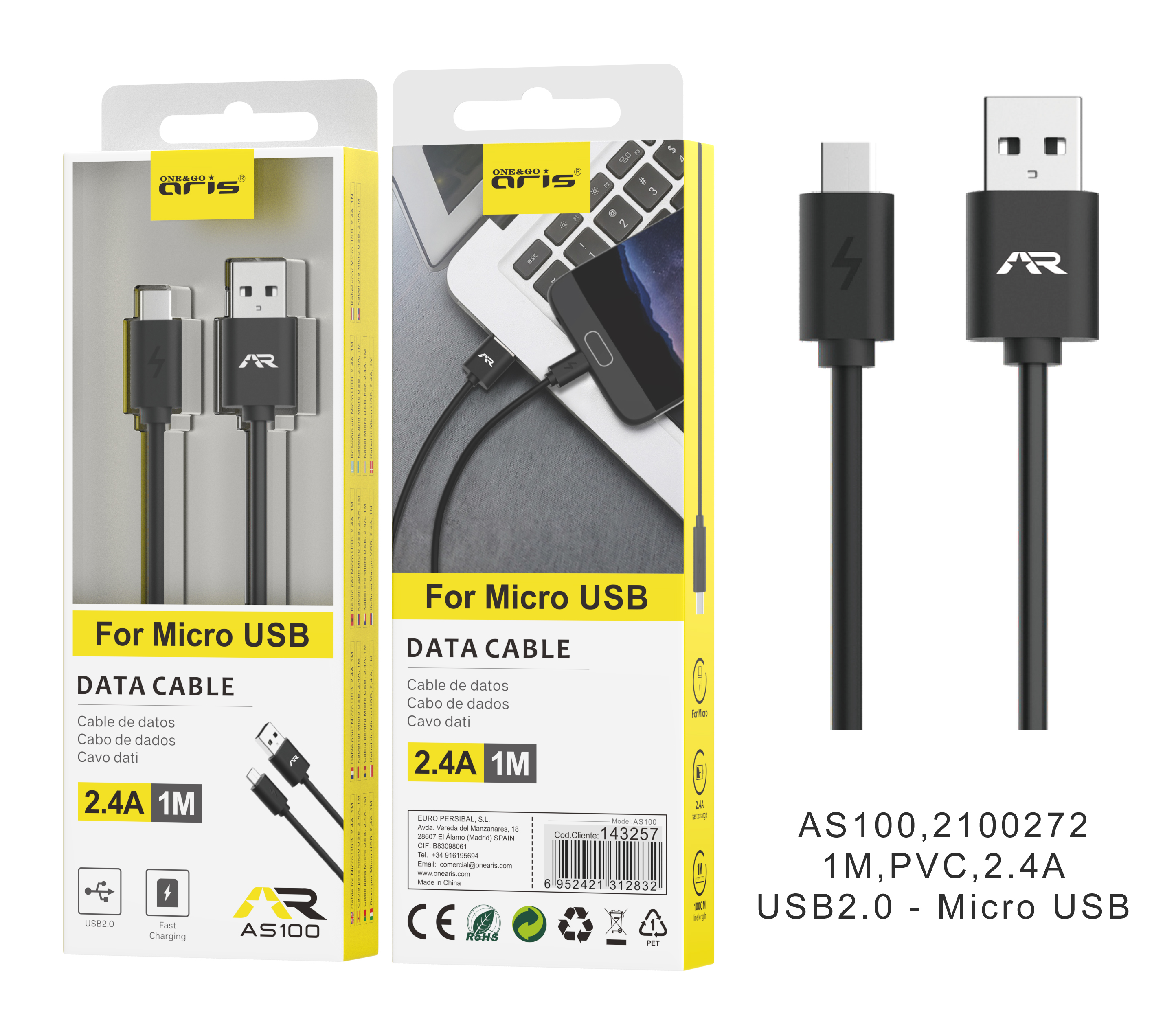 AS100 - Cable ARIS, datos y carga para Micro USB, 2A 1M, Negro