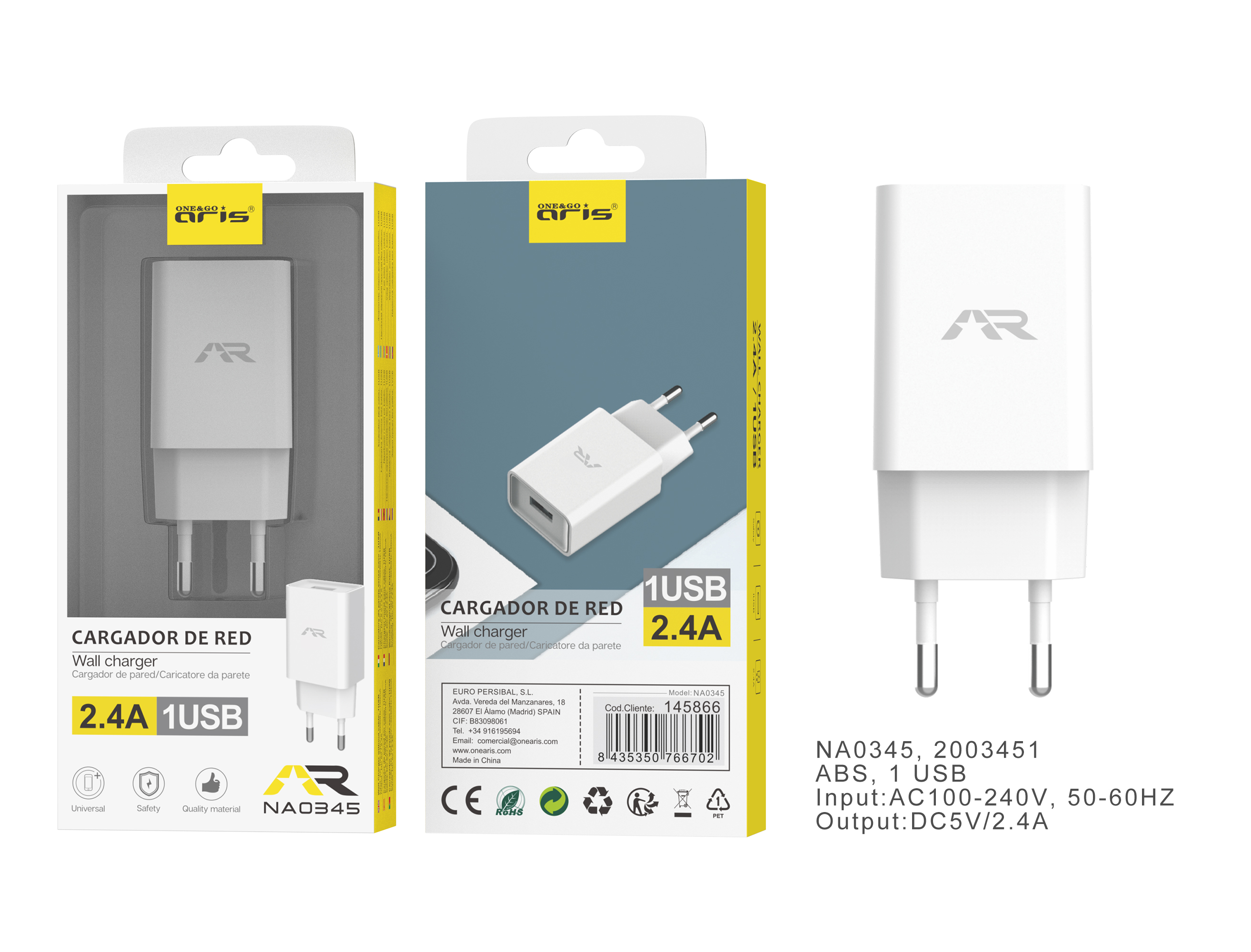 NA0345-BL. Cargador de Red, 1 USB, 2.4A, Blanco